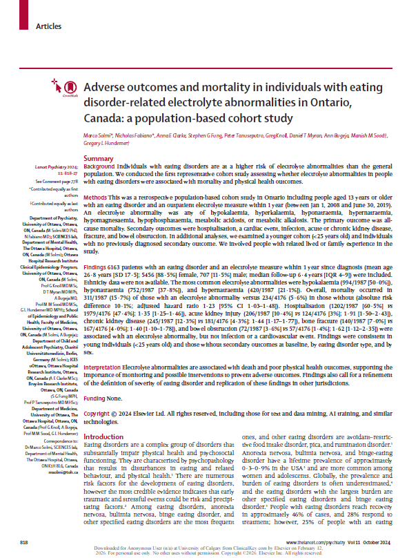 PDF: Adverse Outcomes And Mortality In Individuals With Eating Disorder-Related Electrolyte Abnormalities In Ontario, Canada: A Population-Based Cohort Study